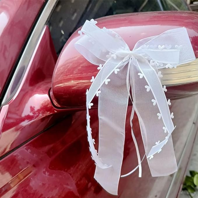 (30er Set) Deko Schleife Hochzeits Auto Bandschleifen Tischdekoration mit Herzen - Weiss