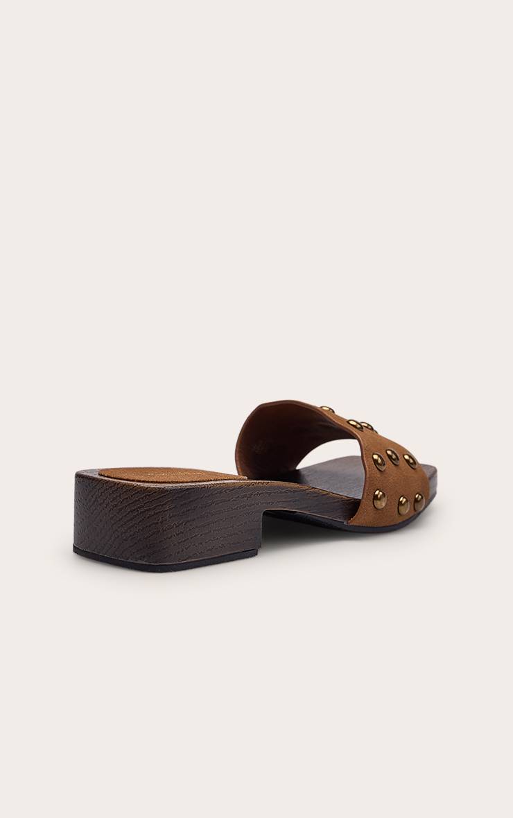 Marron Mules À Talon Bloc Chaton En Synthétique Avec Clous