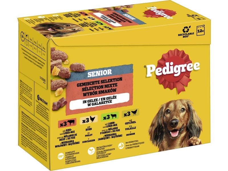 Pedigree Nassfutter Senior in Gelee, 12 x 100 g Ausgewogene Mahlzeiten für ältere Hunde