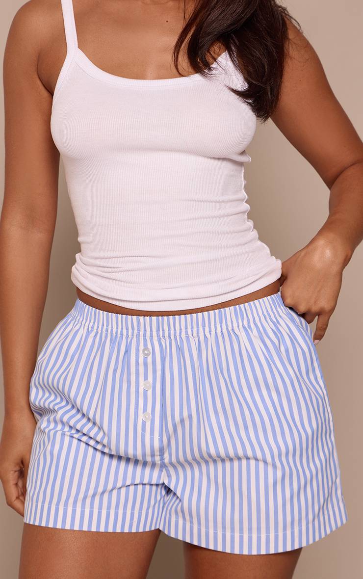 Bleu Short Boxer Aspect Lin À Rayures Avec Détail Boutonné Petite