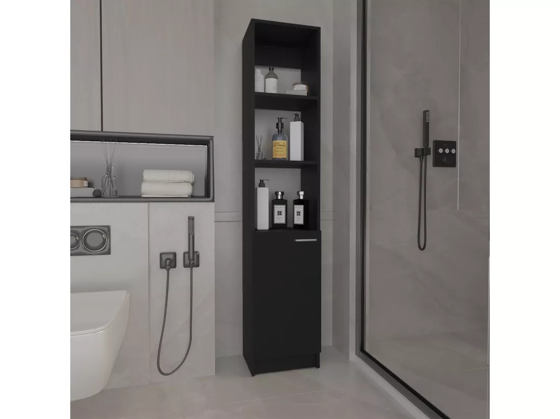 Colonne de salle de bain Malaga en mélamine avec une armoire et 3 étagères , 162 cm X 33 cm X 26.4 cm , Noir