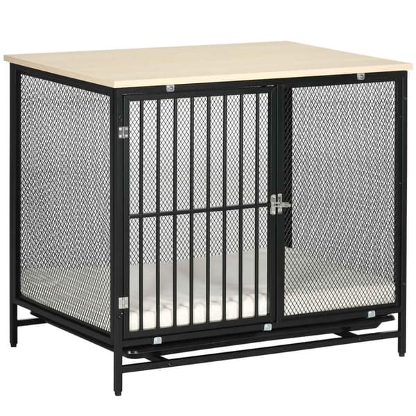 Hundebur, hundehus med bordplate, hundehus med pute, uttrekkbart gulvbrett, hundeboks, eik + svart, 80 x 55 x 71 cm