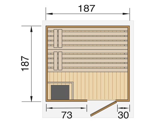 Weka Naantali saunacabine inclusief 9 kW kachel en externe bedieningseenheid, met houten deur en geïsoleerd glas.