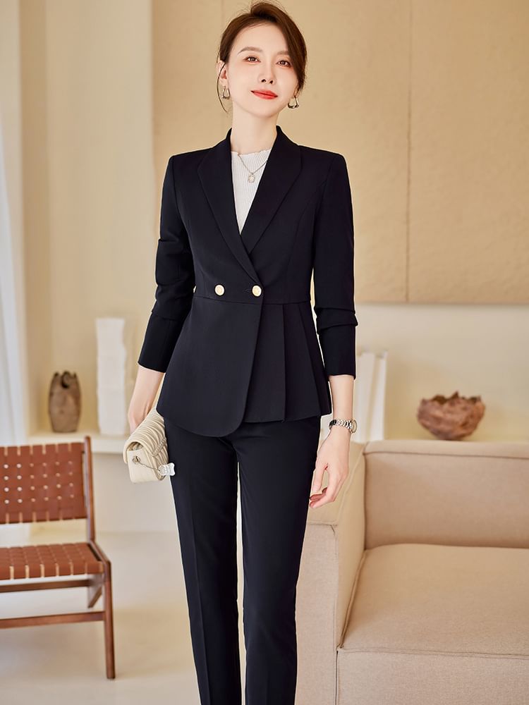 Princess Min - Effen dubbelrijs blazer / Hoge taille effen rechte broek