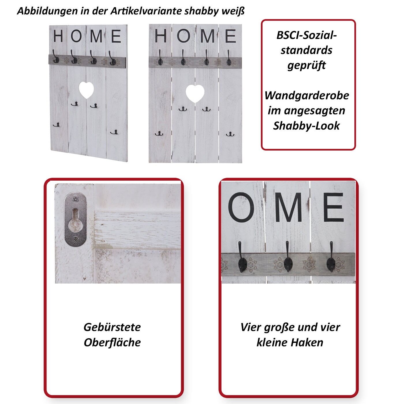 Wandgarderobe MCW-C89 Home, Garderobenpaneel Garderobe, Shabby-Look Vintage, 8 Haken 91x60cm ~ grau-blau