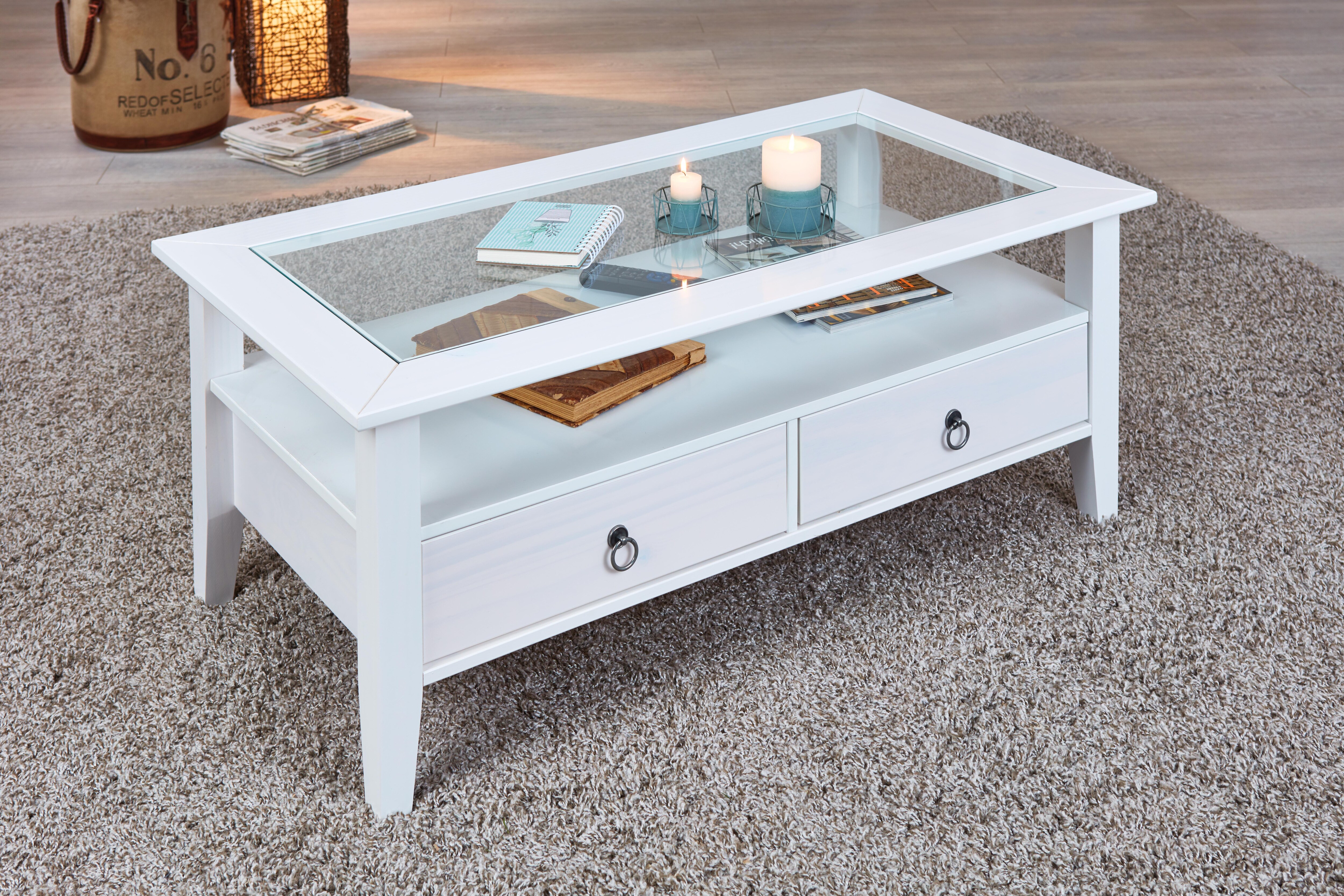 Inter Link Couchtisch Provence mit 2 Schubladen aus Kiefer Massivholz - Weiss