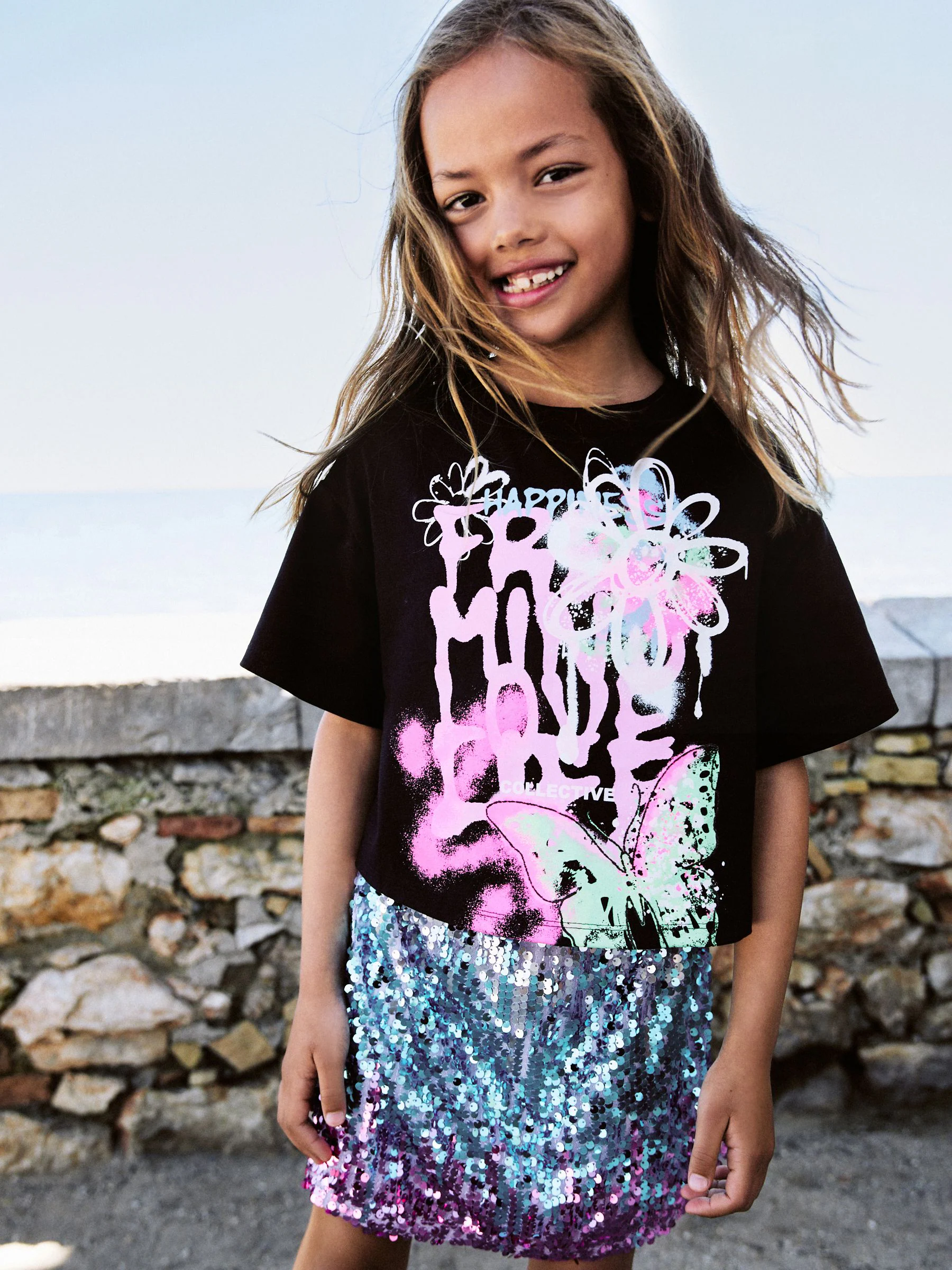 Zwart/roze - Sequin Skirt and T-Shirt Set (3-16yrs)