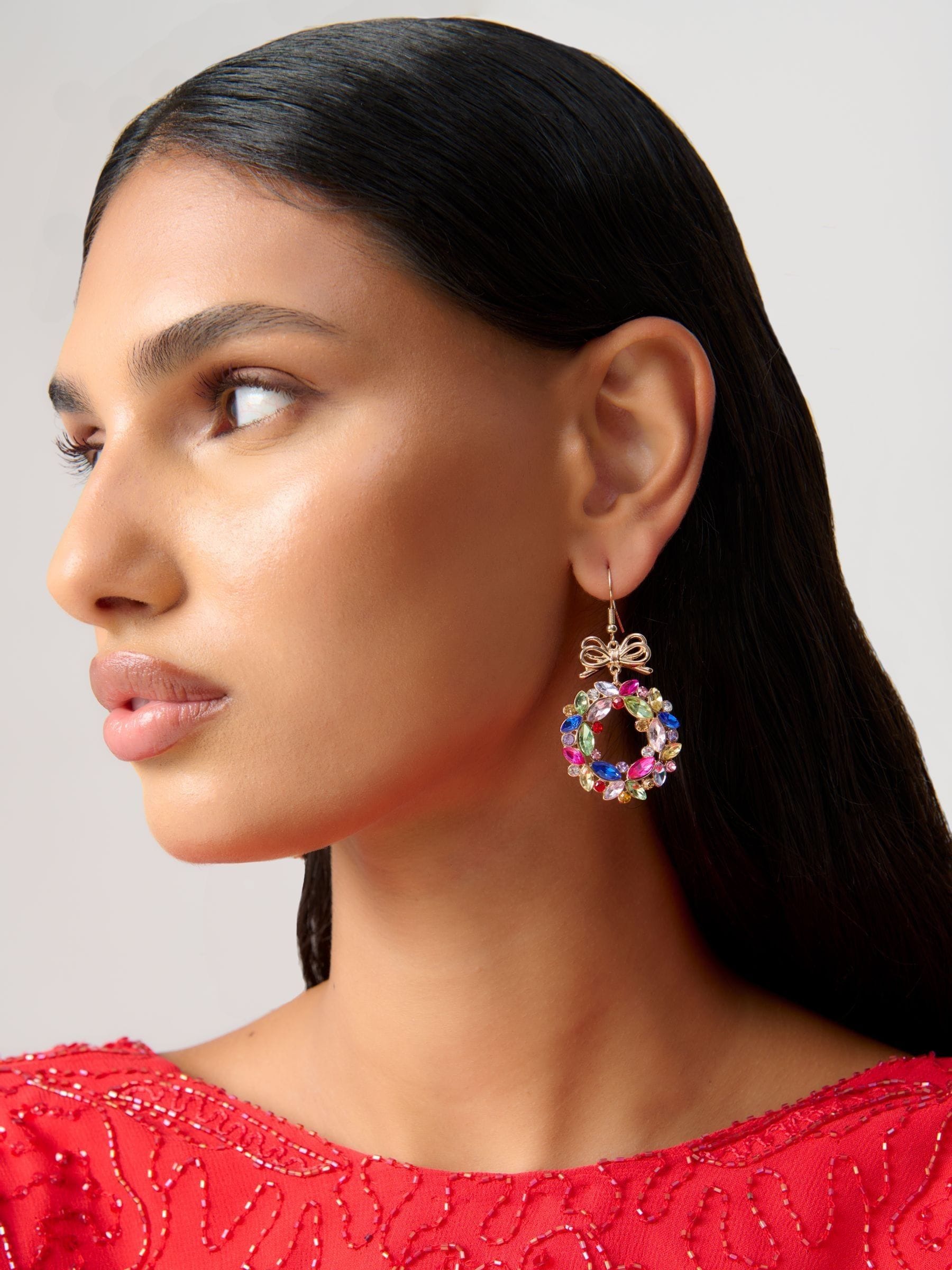 Aela Gold Tone Christmas Multicolour Wreath Drop Earrings