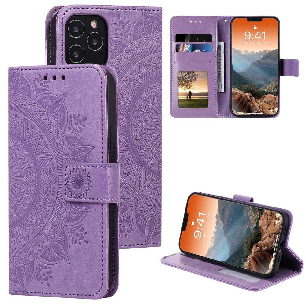 iPhone 12 / iPhone 12 Pro Leder Tasche Wallet - Mandala Flowers Imprint - Lila