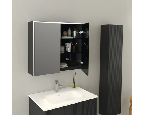 Jungborn QUATTRO SEDICI NOVE spiegelkast, 80 x 20 x 70 cm, matzwart, 2-deurs, LED, IP44