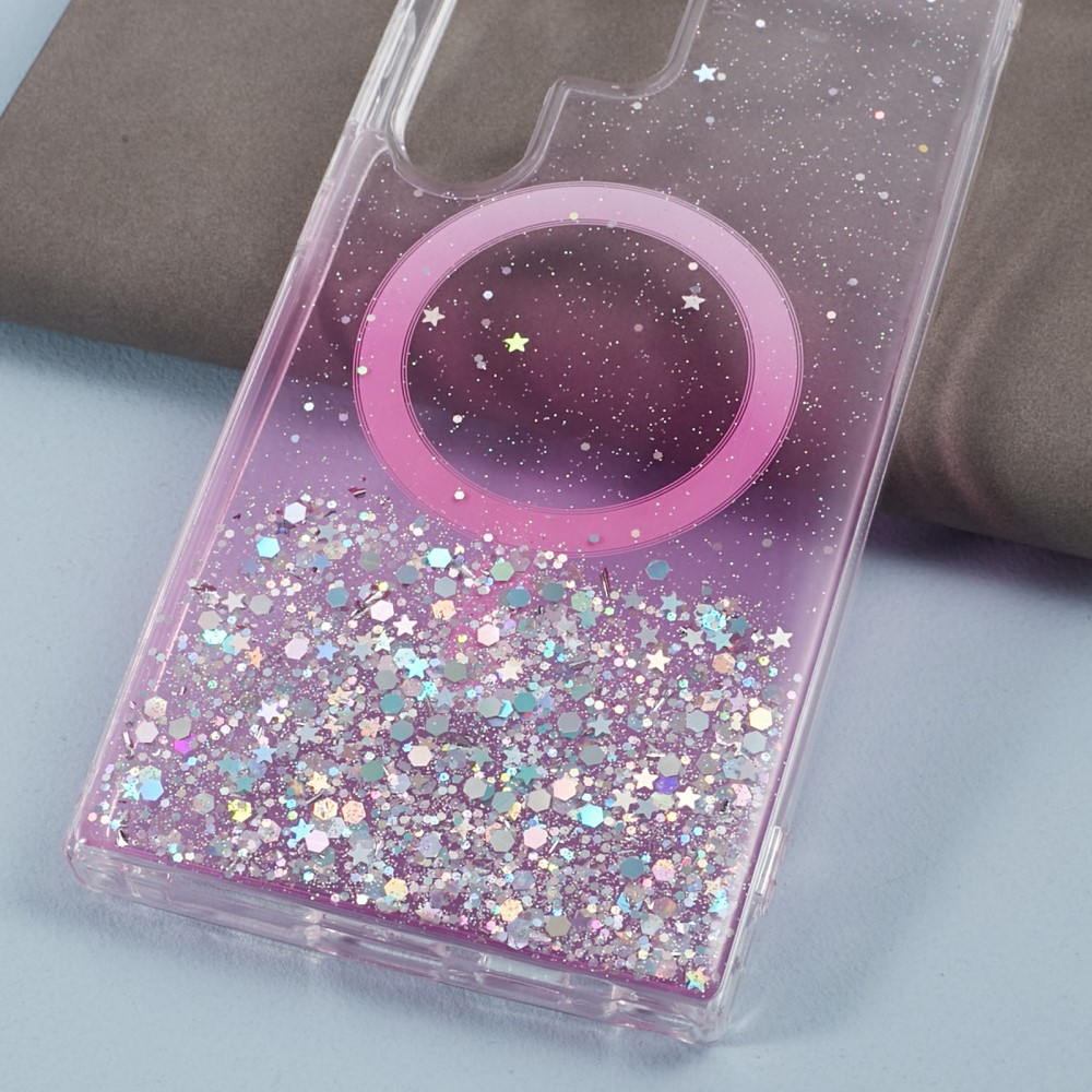 Samsung Galaxy S24 Ultra Hülle mit Acryl Rückseite und Farbverlauf im Glitzer Design MagSafe-Modul - Rosa