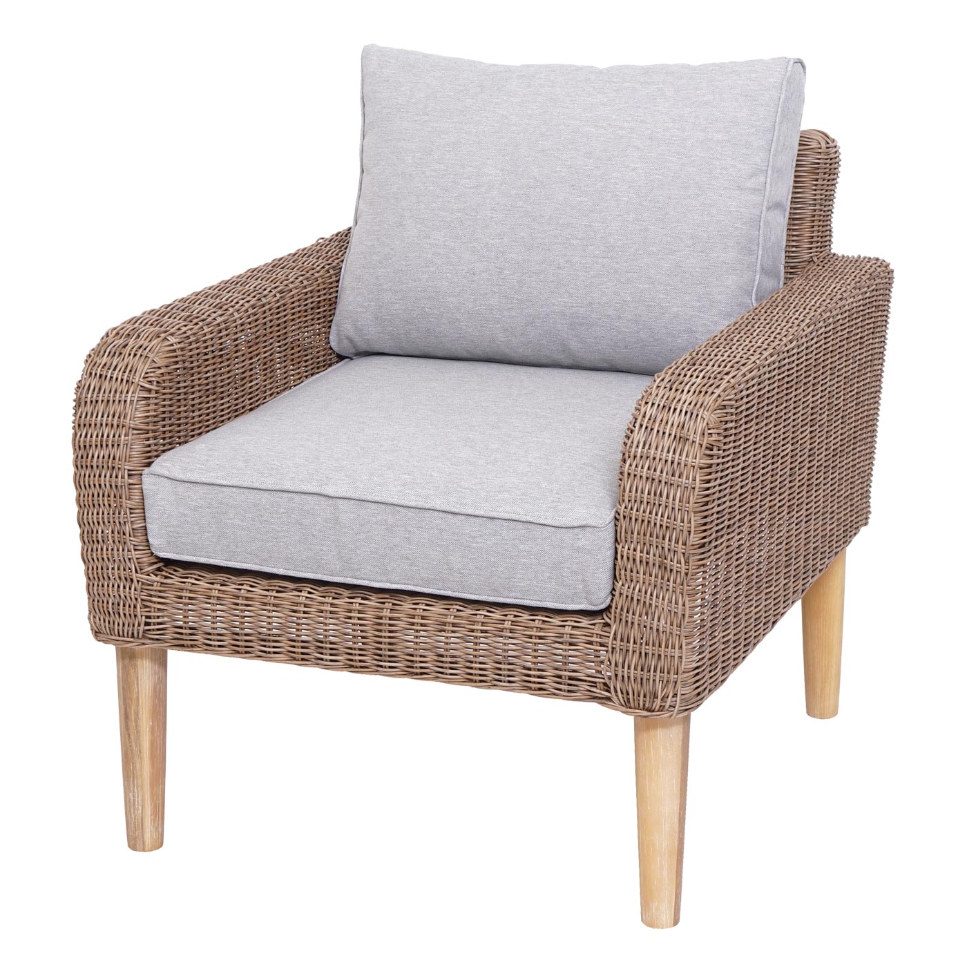 Garnitur MCW-H57, Garten-/Lounge-Set Sofa Sitzgruppe, rundes Poly-Rattan Alu + Akazie Spun Poly MVG ~ Kissen hellgrau