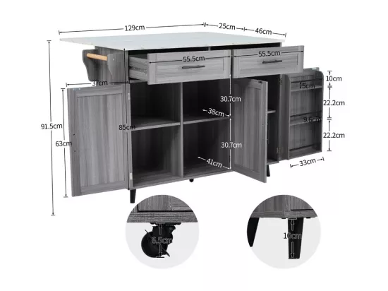Ilot central de cuisine mobile - Plateau extensible - 2 tiroirs + portes d'armoire de rangement - Gris