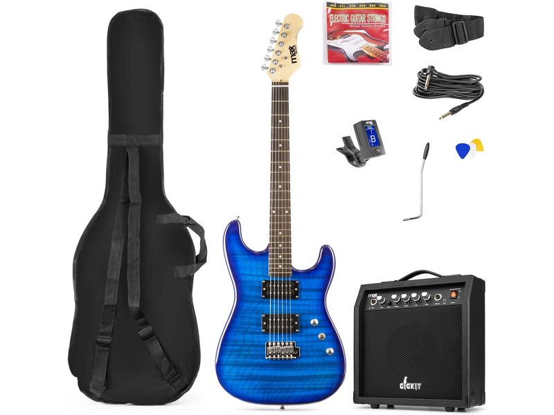 MAX E-Gitarre GigKit Quilted Style Blau E-Gitarre mit Zubehör