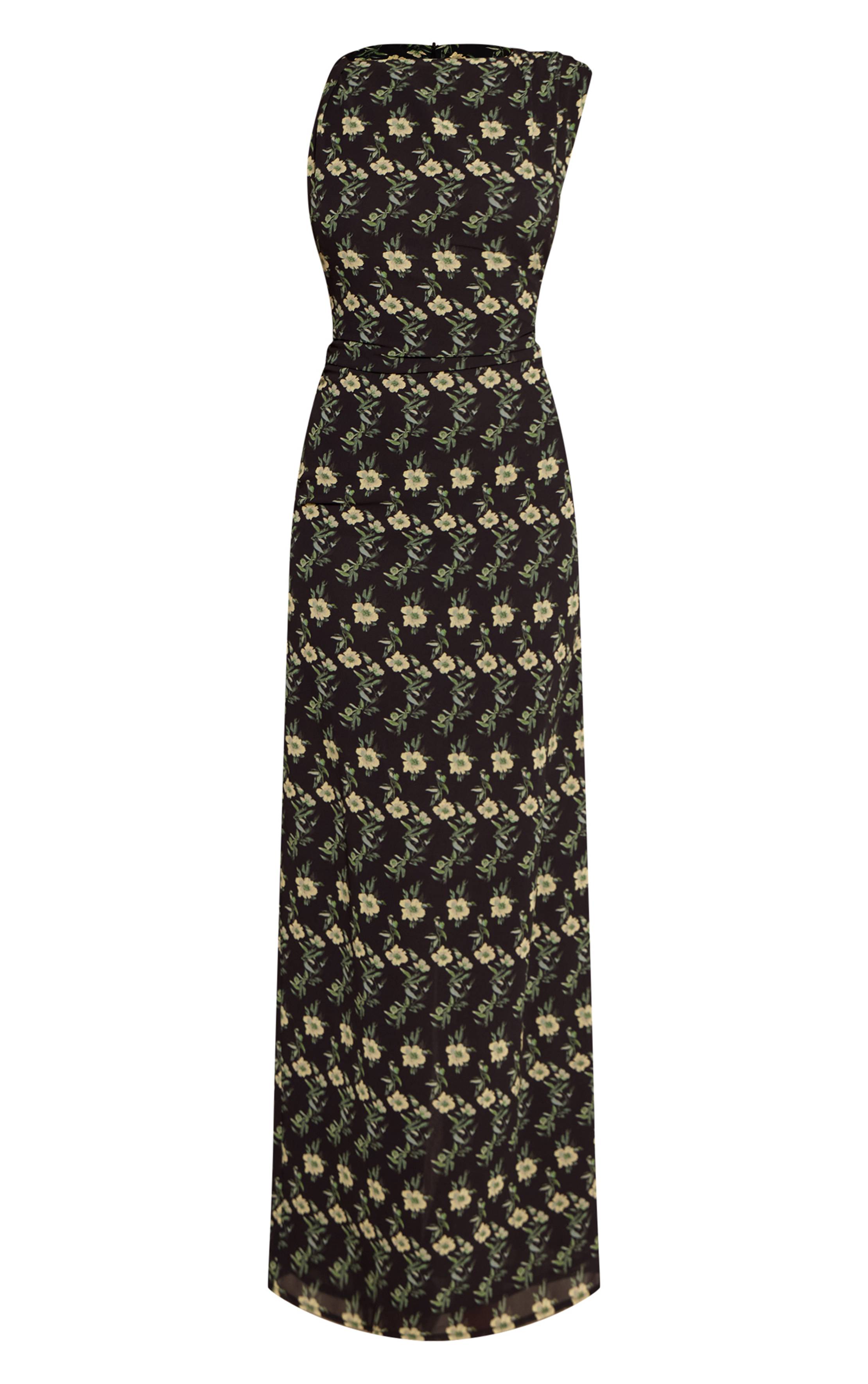 Noir Robe Longue Maxi En Mousseline Fleurie Froncée À Imprimé Floral