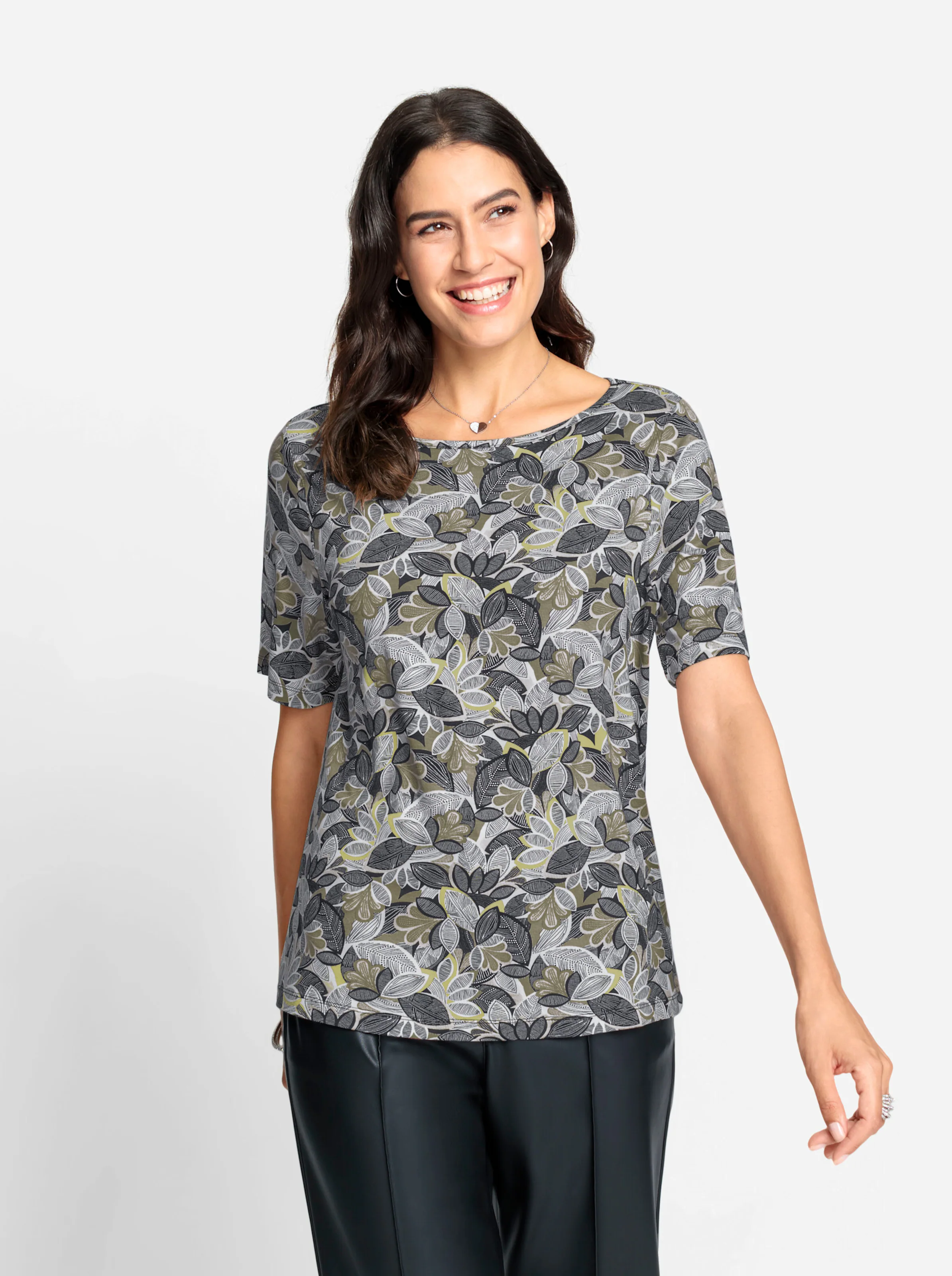 Print-Shirt in khaki-lindgrün-bedruckt