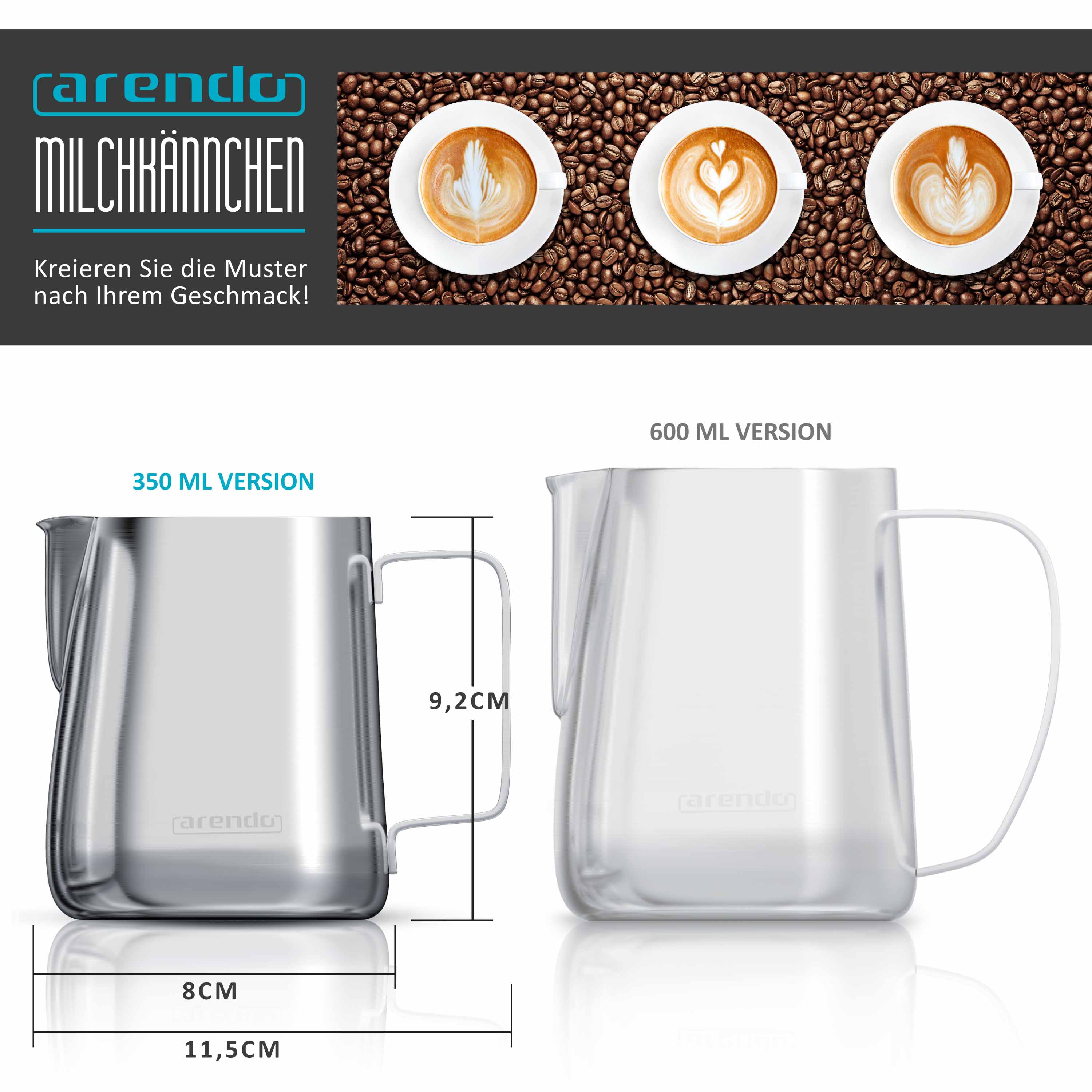 Arendo Edelstahl Milchkännchen mit Messskala - Milchkanne zum Aufschäumen von Milchschaum