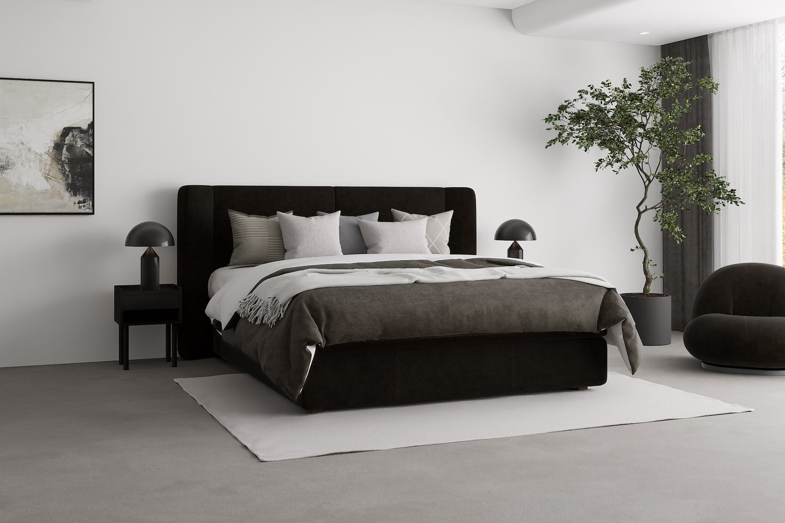 Premium LUX 3 kontinental 150x200 cm I tekstil Copenhagen 800 sort. Medium / fast med Premium lux 3 overmadrass og sort firkantede ben 10 cm, gavl selges separate