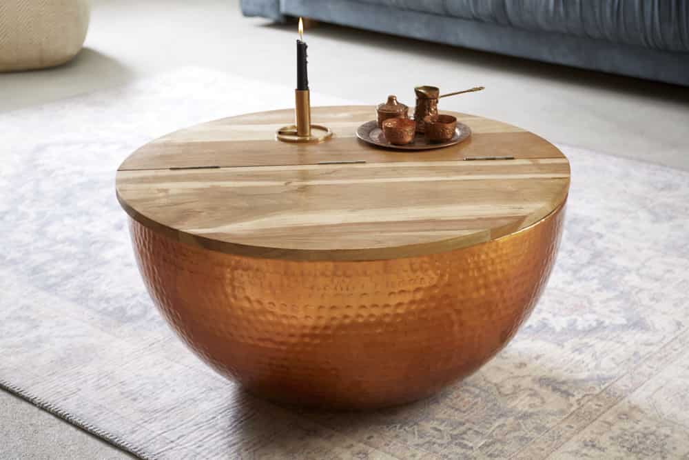 Runder Couchtisch ORIENT STORAGE 60cm kupfer Hammerschlag handmade Akazienholz mit Stauraum