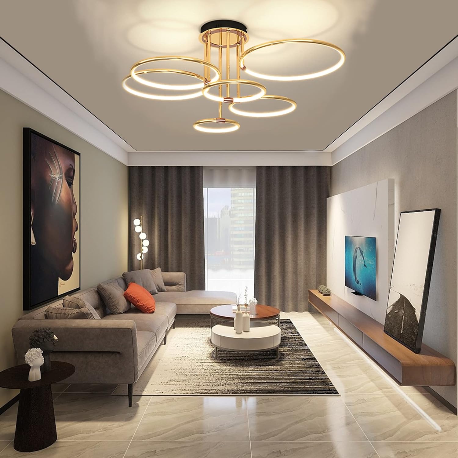 LED Deckenleuchte Modern Design Deckenlampen Gold 6-Ring Lampen Dimmbar Wohnzimmerlampe mit Fernbedienung, Aluminium Led Beleuchtung für Wohnzimmer Schlafzimmer Küche Esszimmer Büro 104cm, 140W…