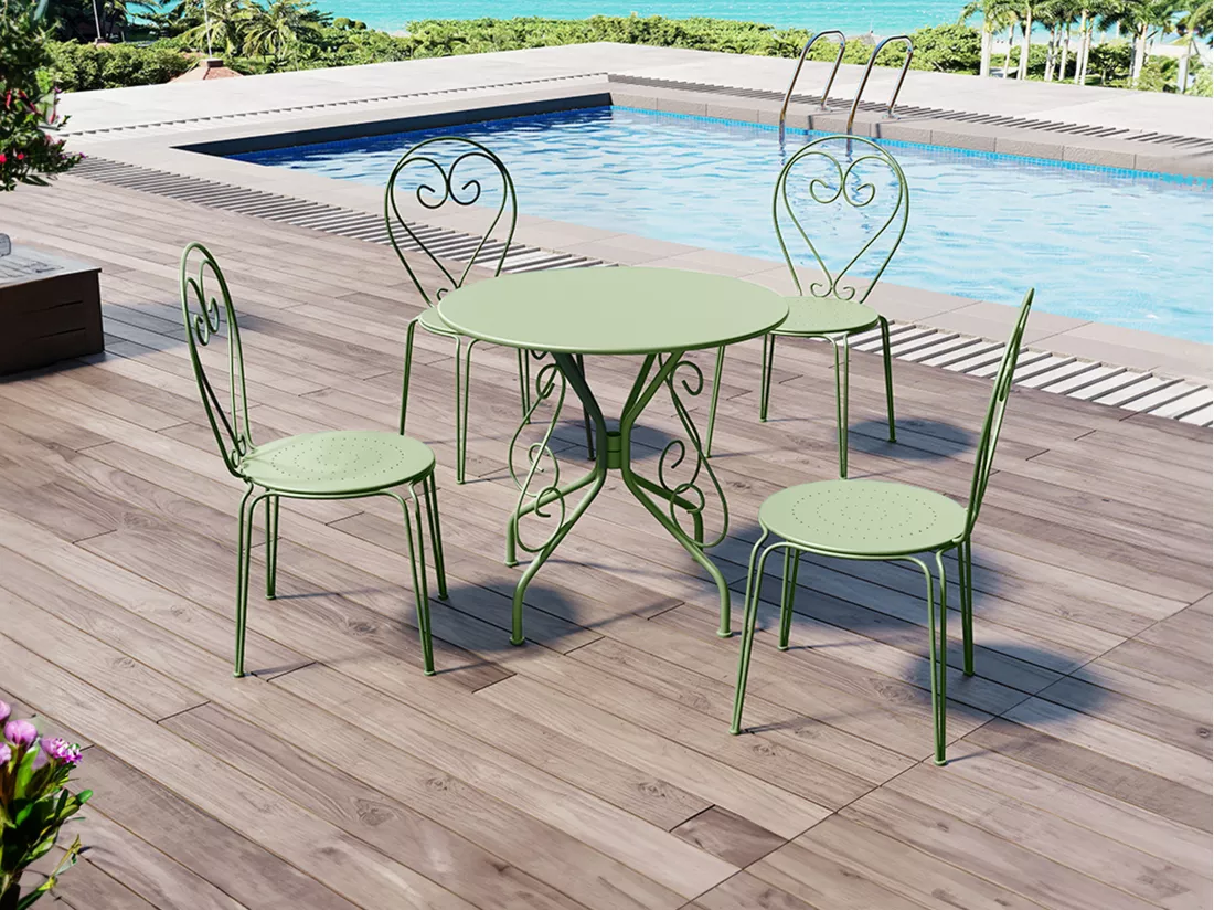 Salle à manger de jardin en métal façon fer forgé : une table et 4 chaises empilables - Vert amande - GUERMANTES de MYLIA