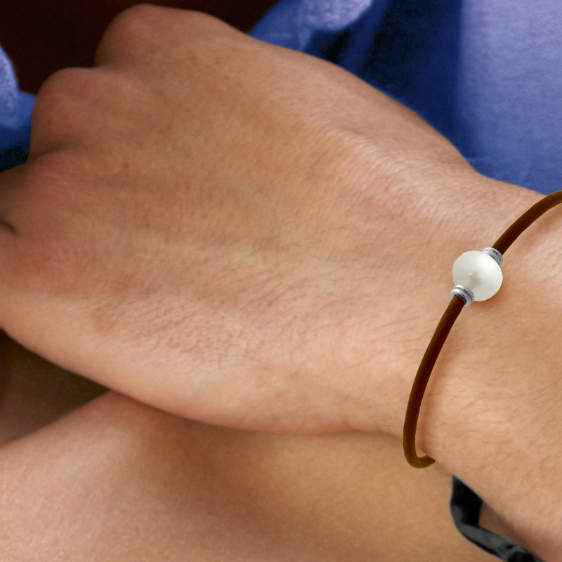 Bracelet Mixte Cuir et Perle de Culture Blanche et Argent 925/1000