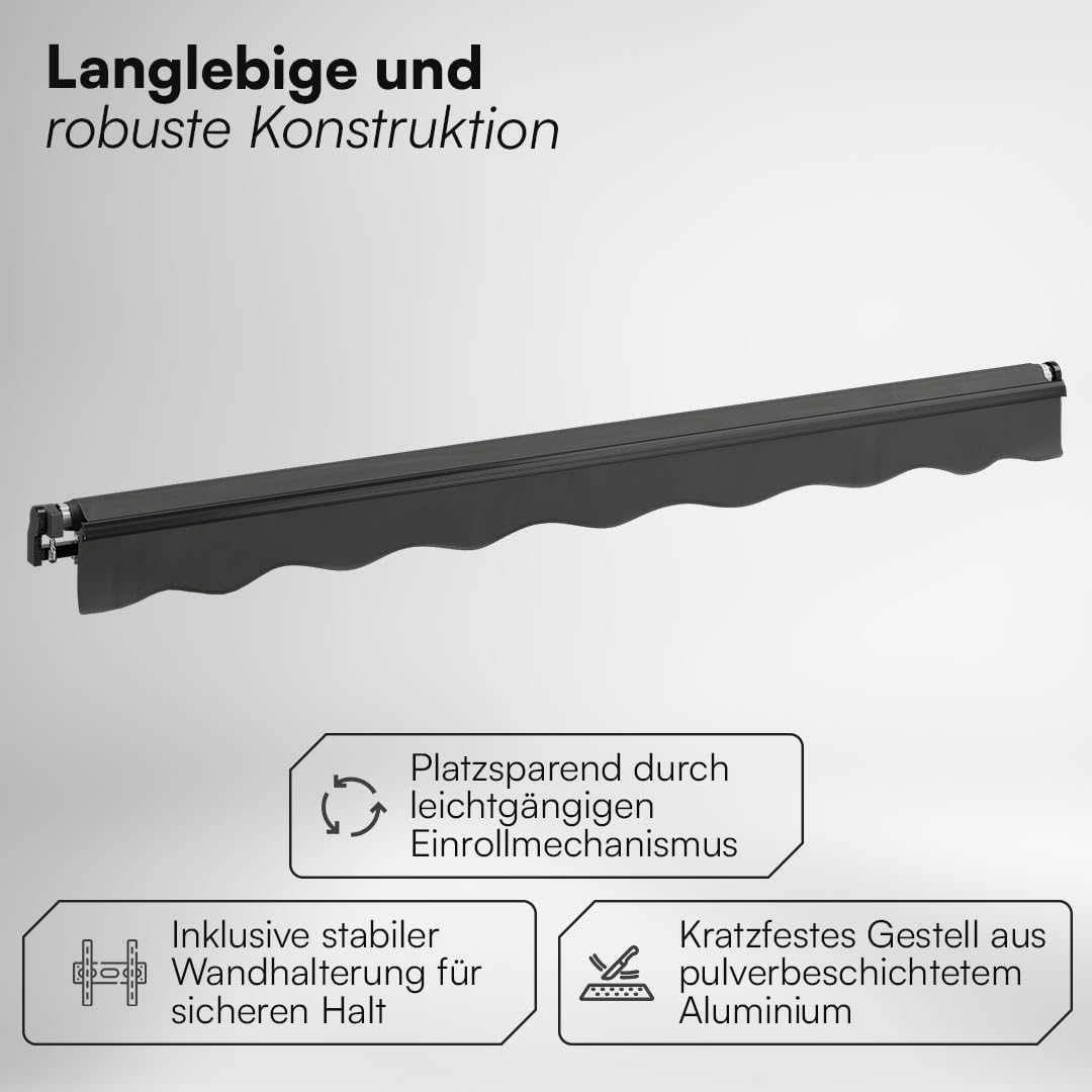 STEELSØN Kestria Markise für Balkon/Dachterrasse/Garten 300x250 cm – Gelenkarmmarkise blickdicht & wetterfest – Außenrollo mit Kurbel aus Kunststoffgewebe – Sonnenmarkise mit Wandhalterung Anthrazit