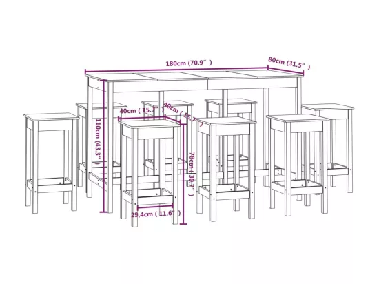 Ensemble de bar 9 pcs Noir Bois de pin massif