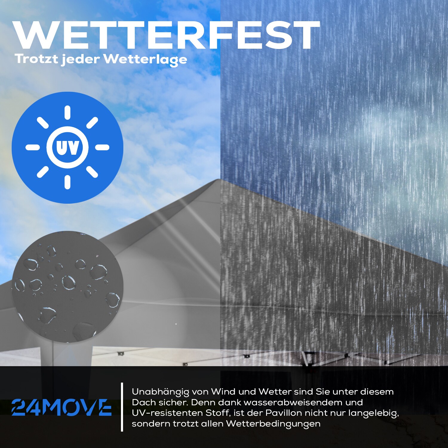 24MOVE® Pavillon Santos 3x3m Pop-Up UV-Schutz 50+ Wasserdicht & winterfest mit Tasche faltbar & stabil, für Camping & Garten Faltpavillon - Partyzelt Grau