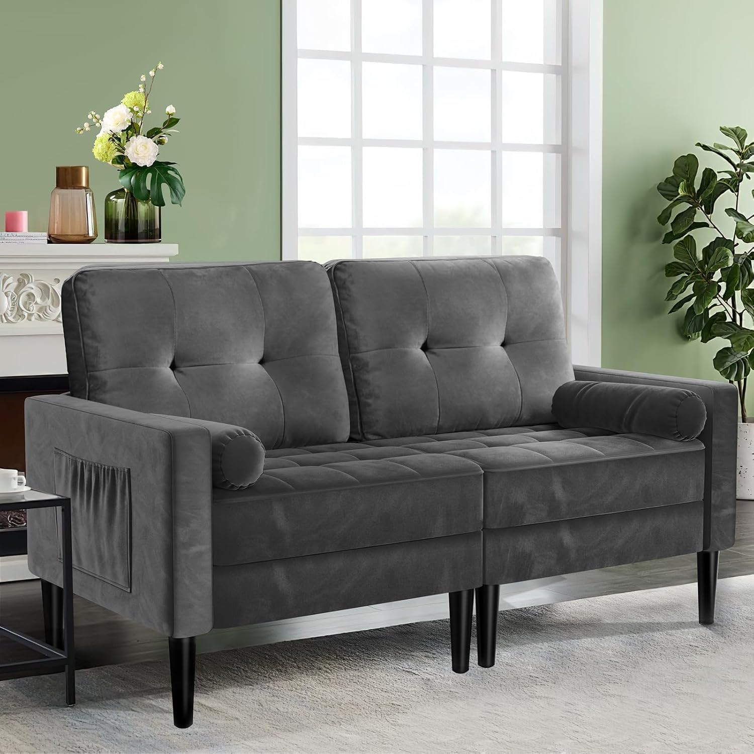2-Sitzer-Sofa, Samt Couch mit 2 Kissen, Sitzkissen, Modernes Sofa in der Mitte des Jahrhunderts, kleine Sofas für Wohnzimmer/Wohnung/Schlafzimmer, Metallic-Grau