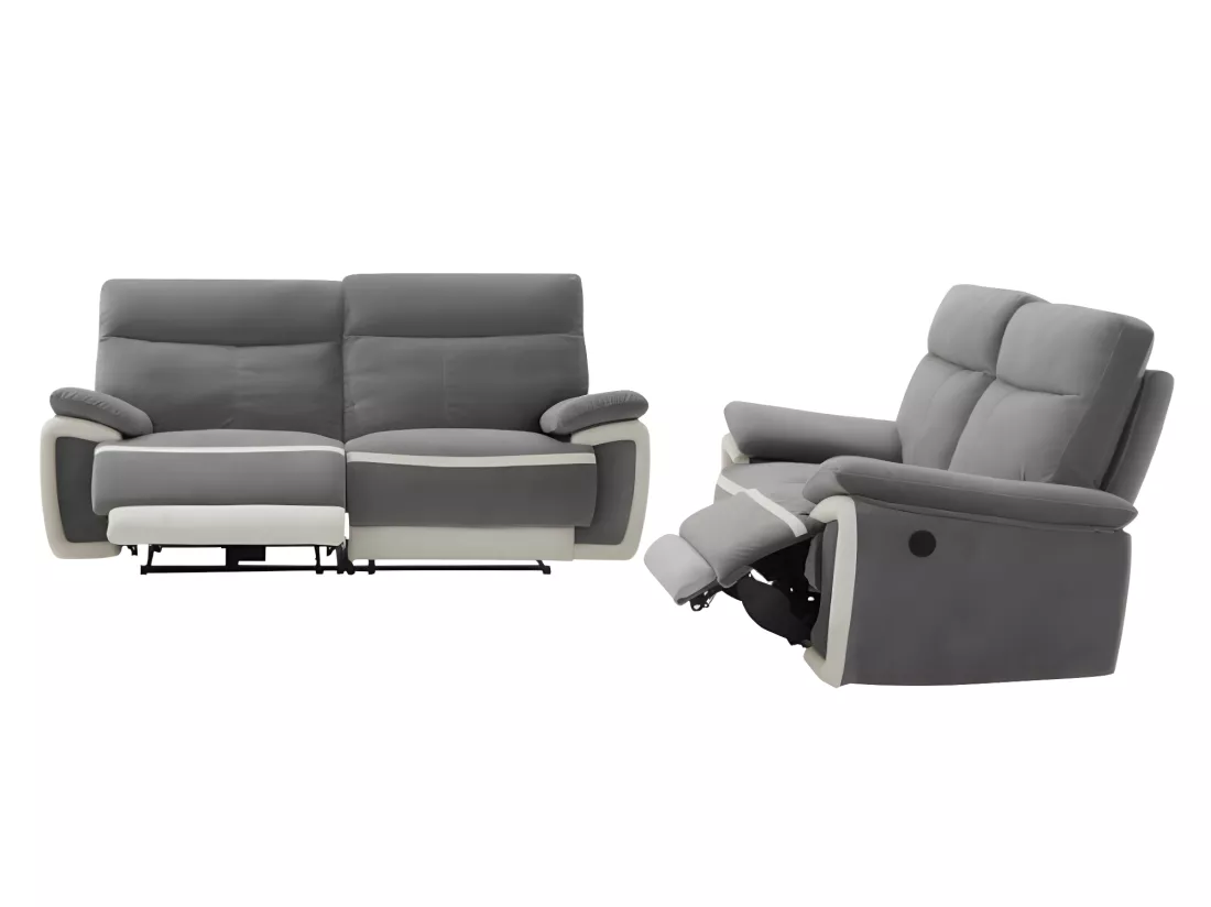 Canapés 3 places et 2 places relax électrique en velours METTI - Gris et bandes écru