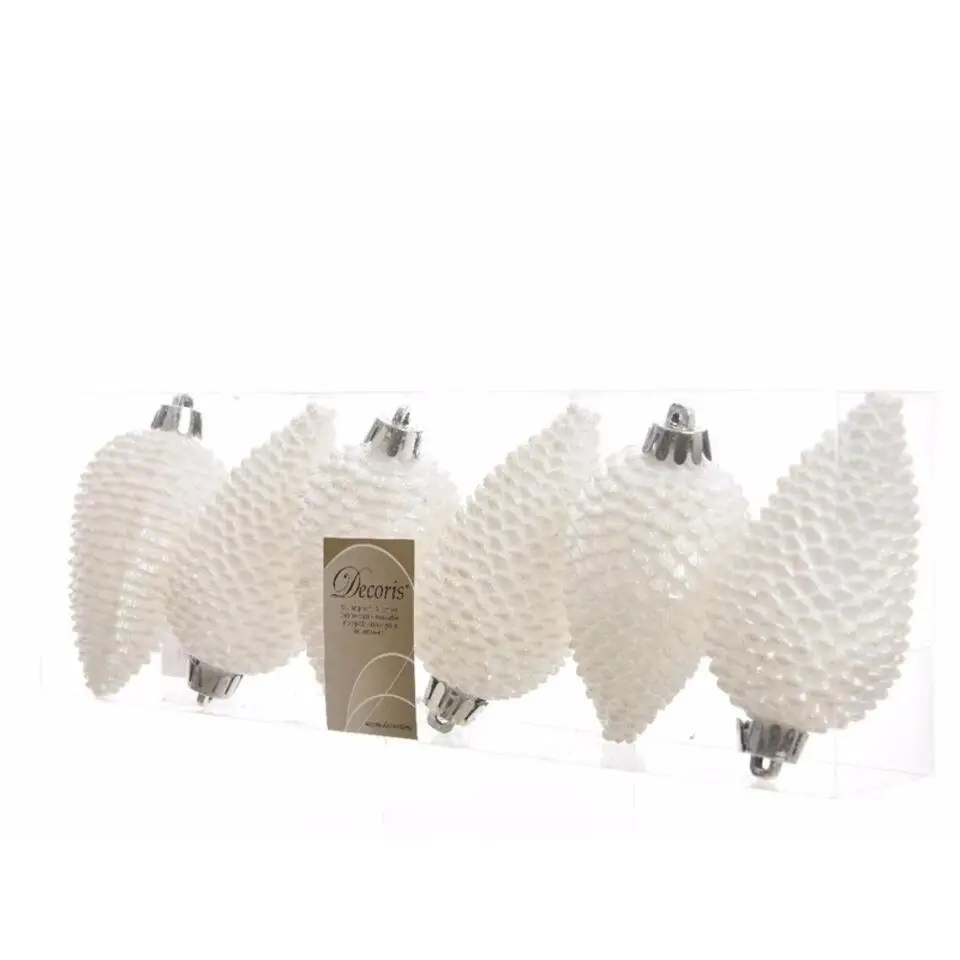 Decoris Kersthangers dennenappels - 6x - wit parelmoer - 8 cm