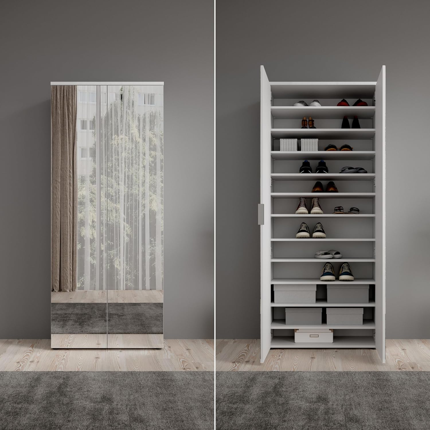 LINCOLN Schuhschrank hoch mit Spiegeltüren, Weiß - Vielseitiger Mehrzweckschrank mit 11 verstellbaren Einlegeböden - 80 x 190 x 35 cm (B/H/T)