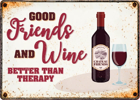 Plenty Gifts tuin wanddecoratie Blik Friends and wine wit 14,8 x 21 x 0,5 cm