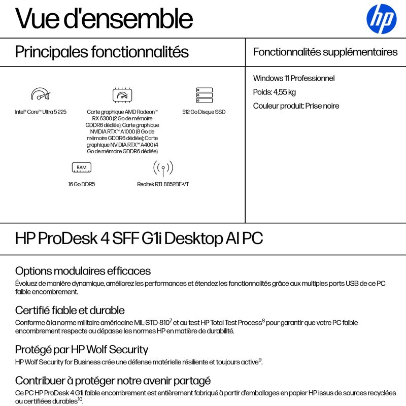 HP ProDesk 4 SFF G1i Desktop AI PC Intel Core Ultra 5 225 16 Go DDR5-SDRAM 512 Go SSD Windows 11 Pro Noir