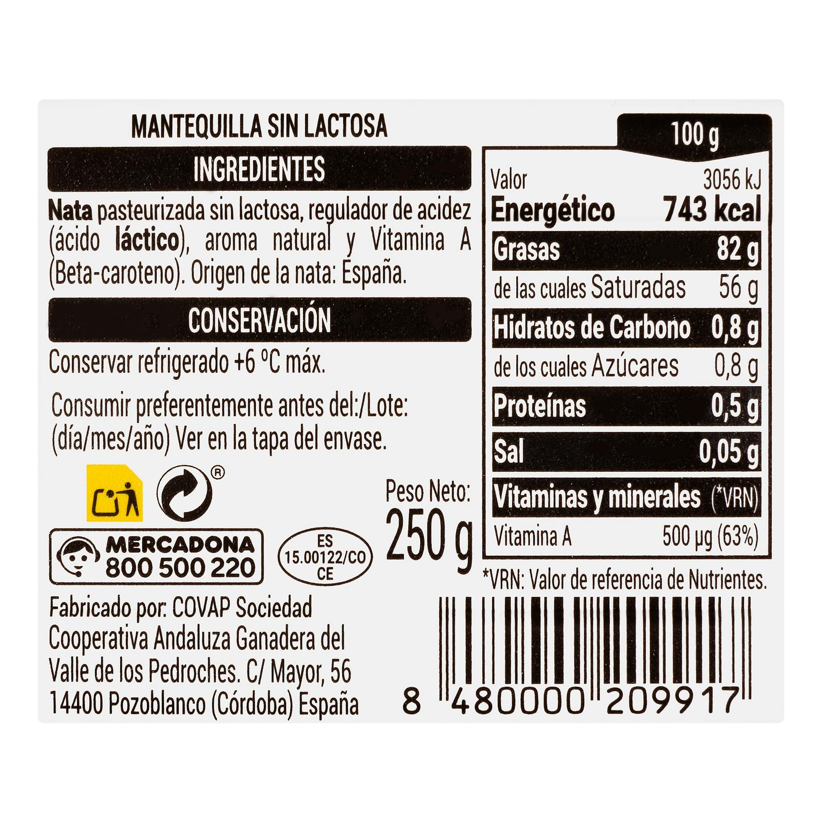 Beurre sans lactose Hacendado