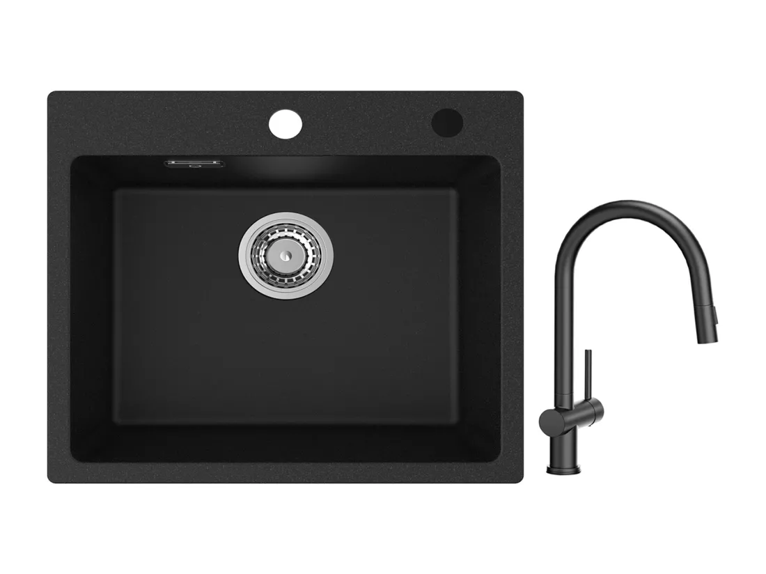 Cecipa max Evier Quartz Noir 50x45cm Evier 1 Bac en Quartz Evier de Cuisine en Granit + Mitigeur avec Douchette Extractible avec 2 Types de Jet Noir