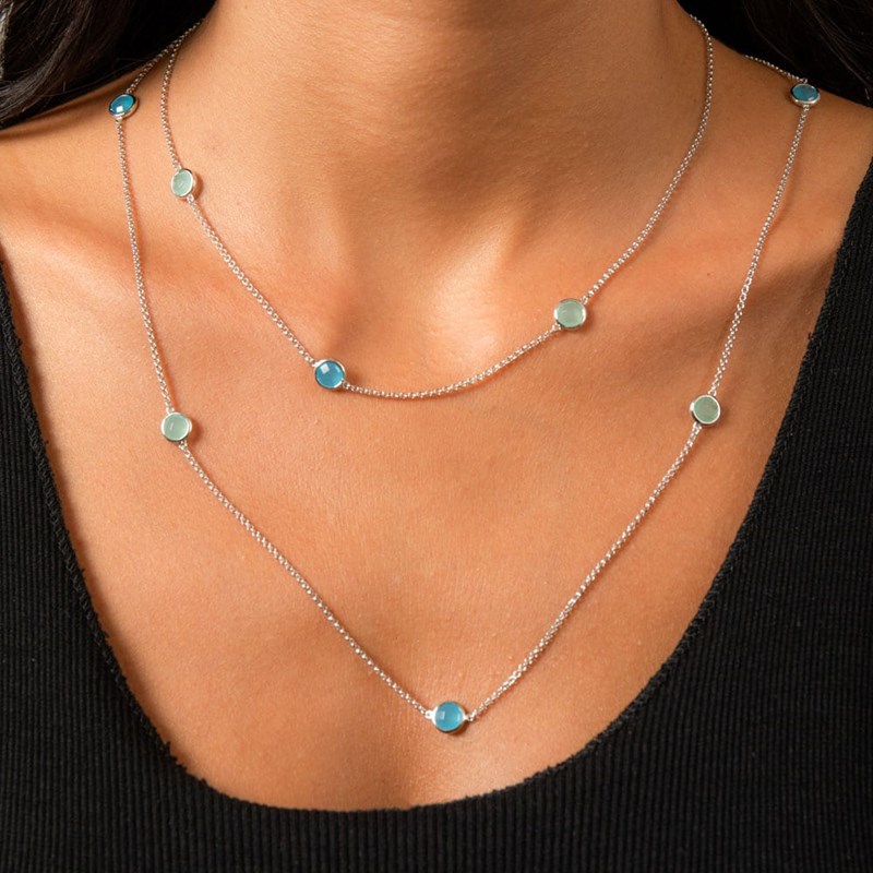 Collier Argent Double Rangs Goutte De Cristal Bleu Et Vert
