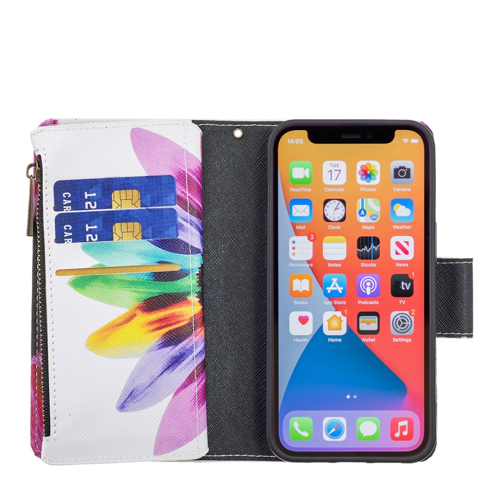 iPhone 13 Pro Leder Wallet Etui Tasche mit 9 Kartenfächern   Münzfach - Sonnenblume
