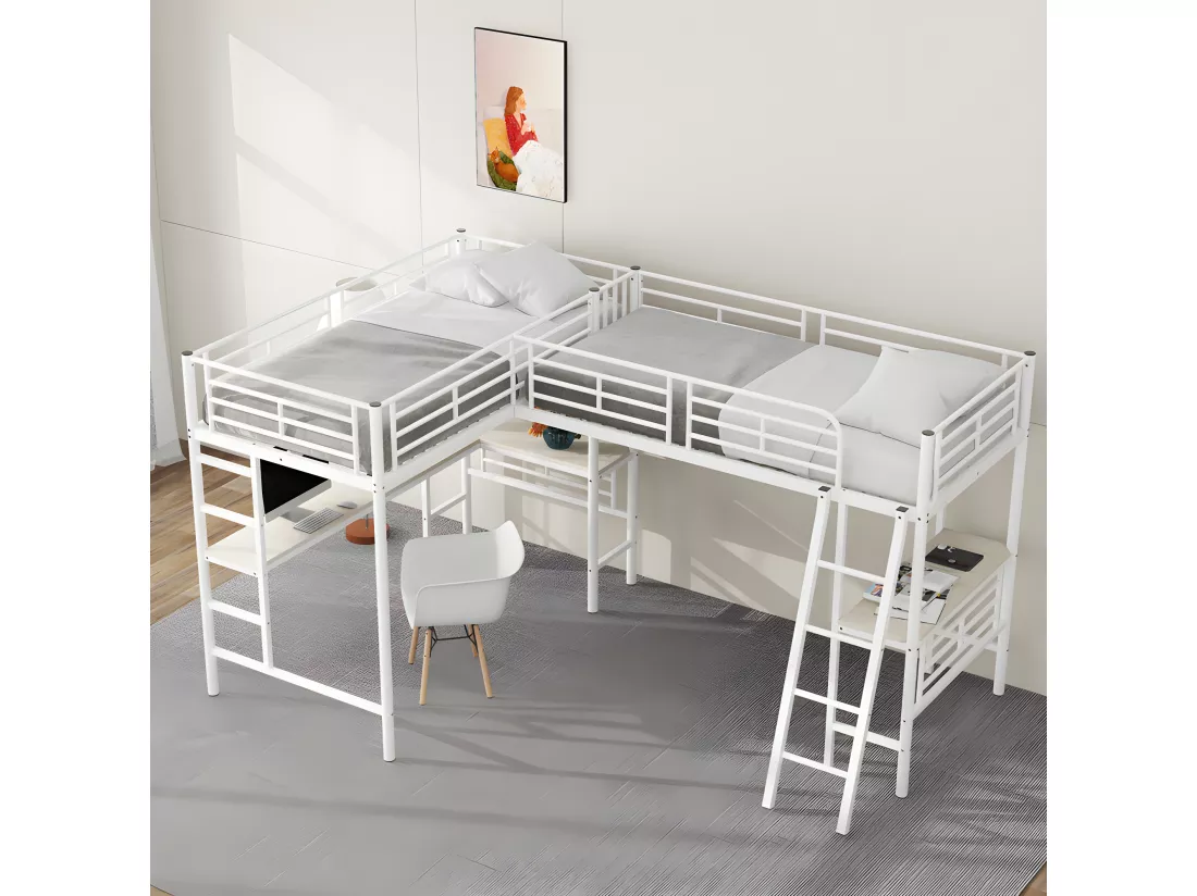 Lit mezzanine - 2 lits 90x200 cm - 2 bureaux sous le lit - Blanc