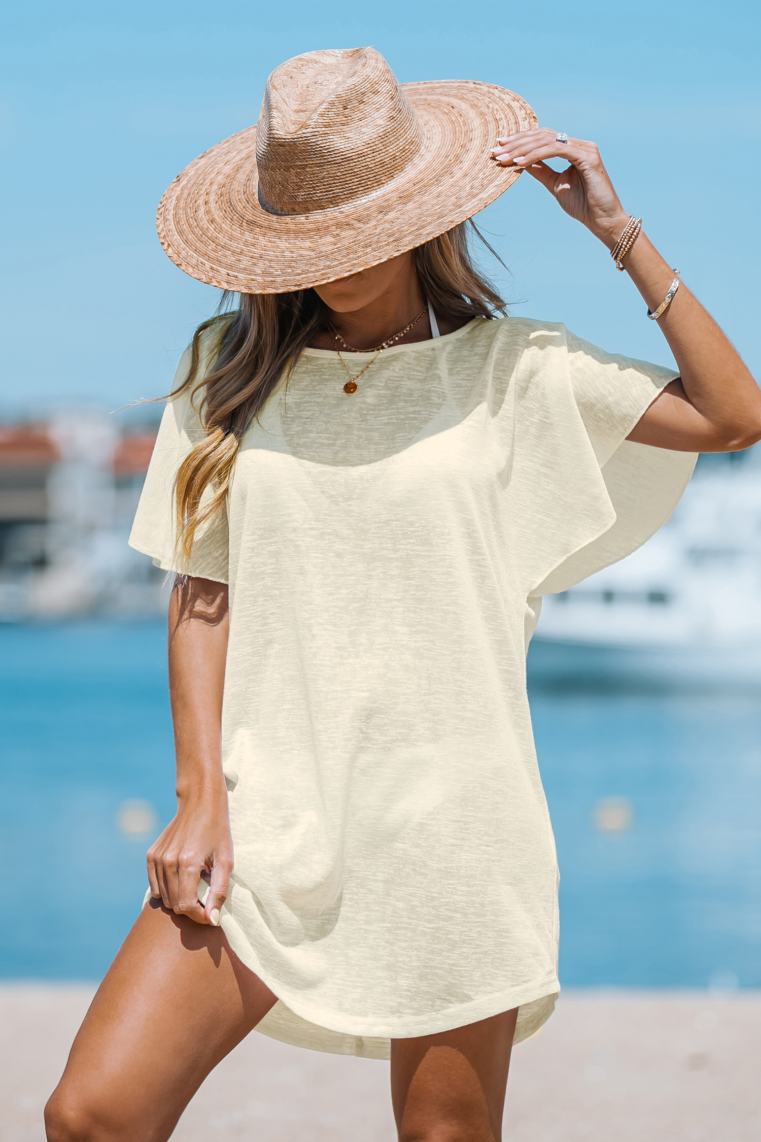 Robe cover up t-shirt beige en tricot flammé