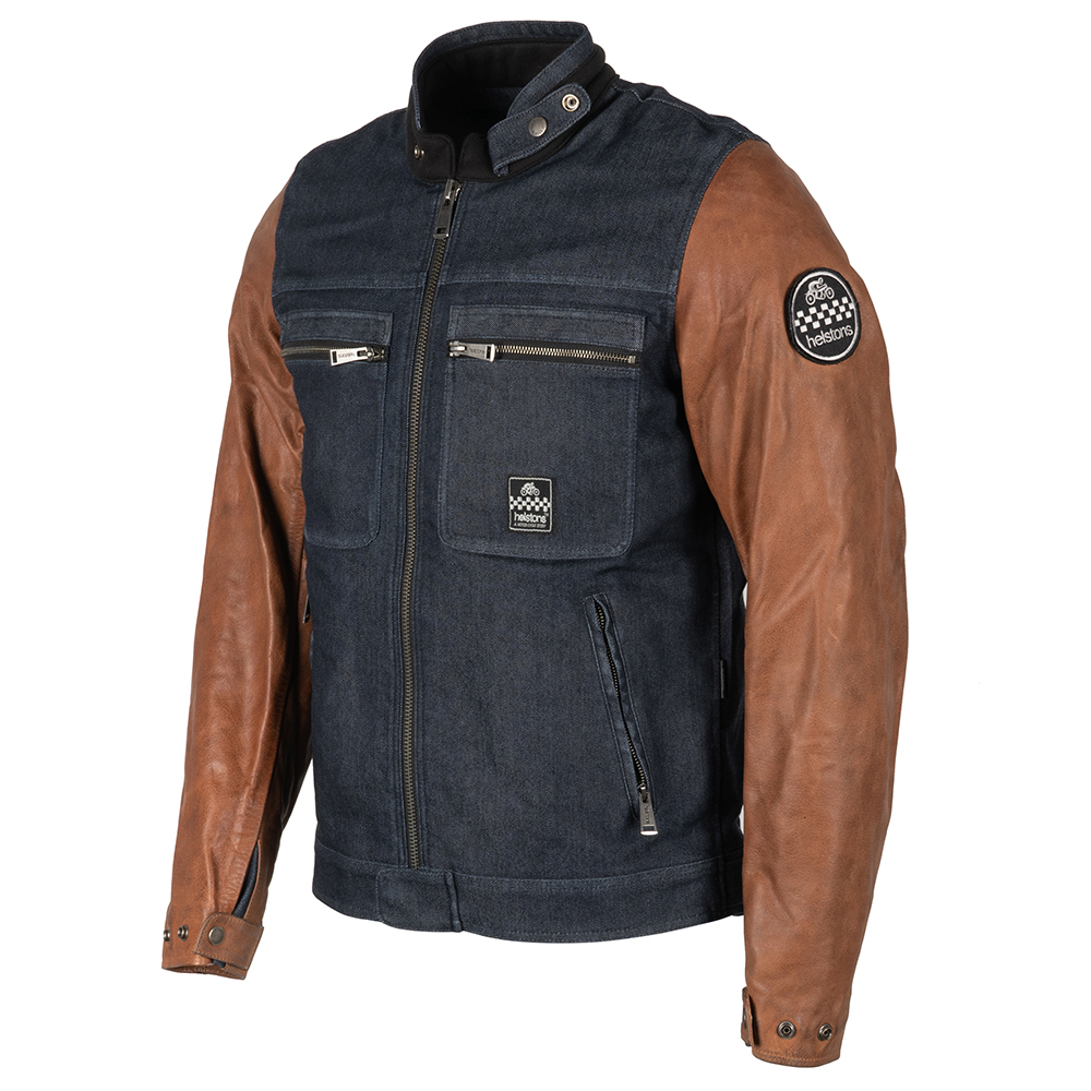 Helstons - Blouson Winston Coton Cuir Bleu / Marron