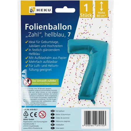 HEKU Folienballon Zahl 7, hellblau mit Aufblashalm, Höhe 80cm