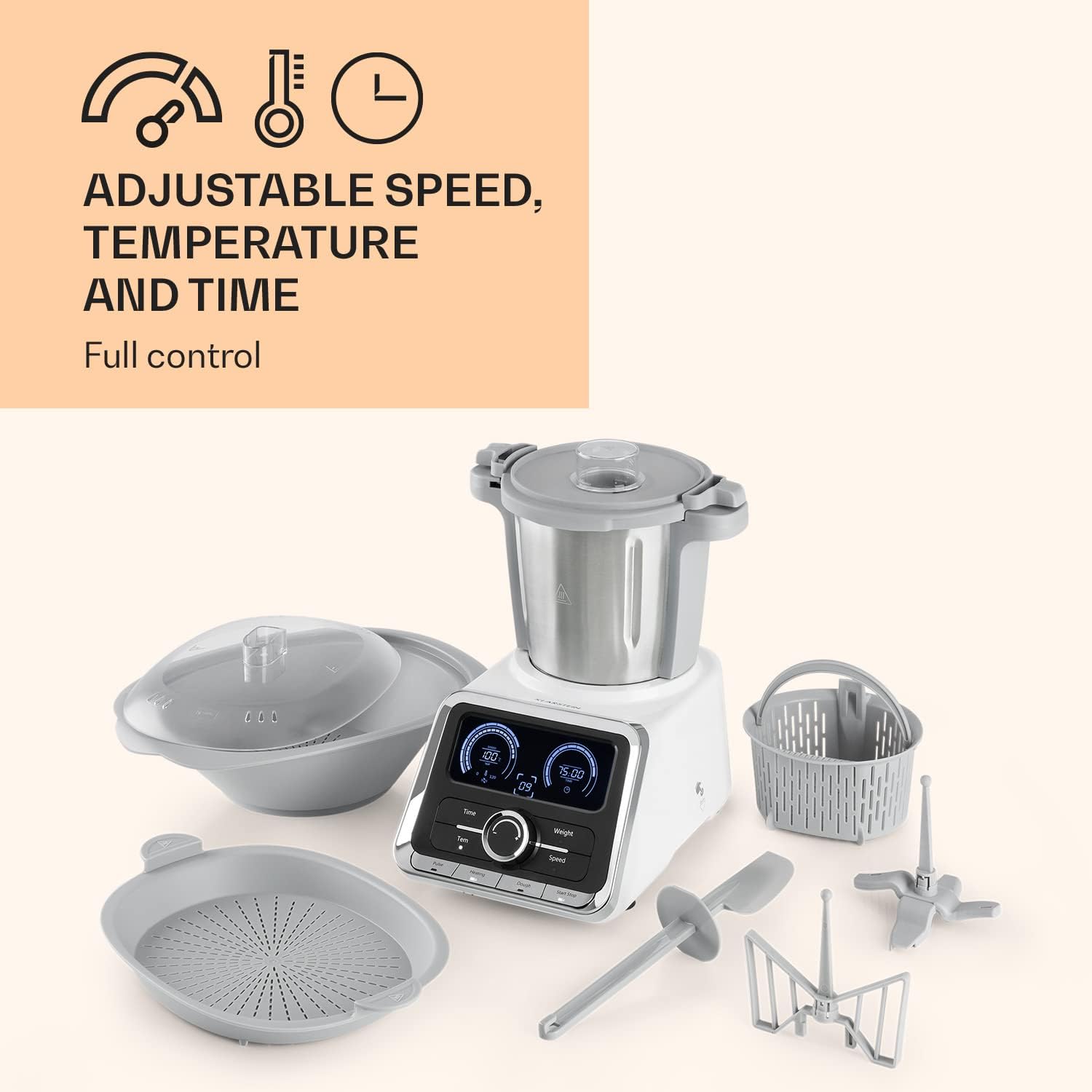 Klarstein GrandPrix - Küchenmaschine Multifunktional, Küchenmaschine mit Fleischwolf, Rührmaschine mit Kochfunktion, 500-1000 W, 2,5L Edelstahlschüssel, 30-120°C einstellbar, silber