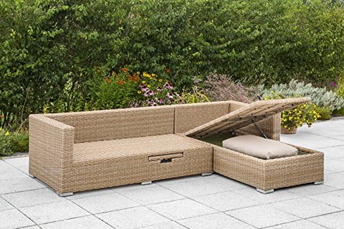 Loungesofa Veneto, Stahl + Polyrattan Natur, mit Liege und Auflagenbox