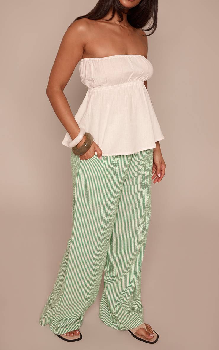 Vert Pantalon Petite À Rayures Aspect Lin Taille Élastiquée