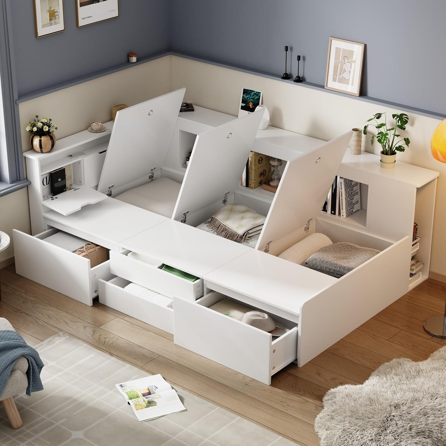 Kinderbett 90x200, Multifunktionales Holzbett mit Schubladen, Bücherregal und Stauschrank, Stauraumbett mit Lattenrost & Bettkasten, Funktionsbett Jugendbett Bettgestell aus Holz, ohne Matratze, Weiß