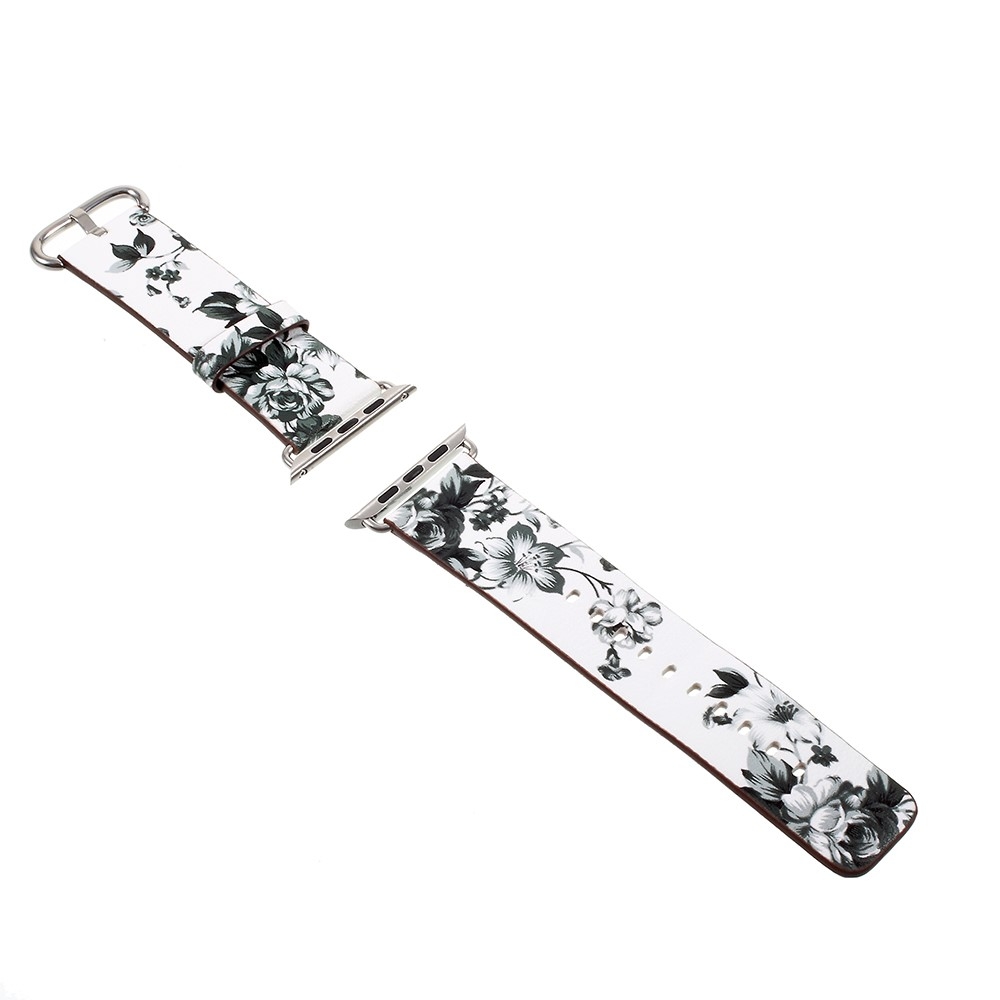 Apple Watch (49/46/45/44 mm) Ersatz Leder Armband Graue Blumen - Weiss