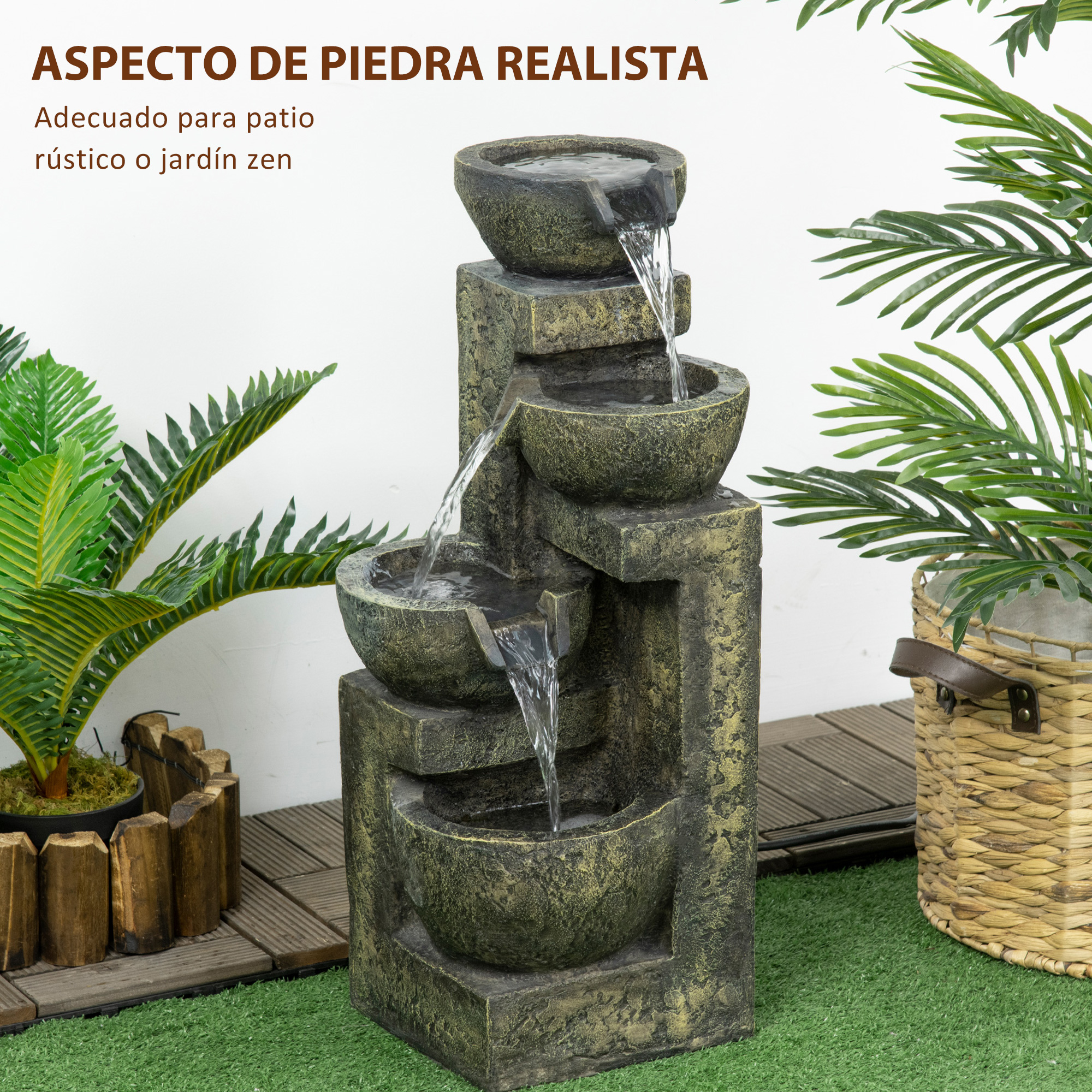 Fonte de jardim Outsunny 5W, fonte de cascata de 4 níveis com bomba de água e saída de água ajustável para decoração de pátio, 25x24x60 cm, multicolorida