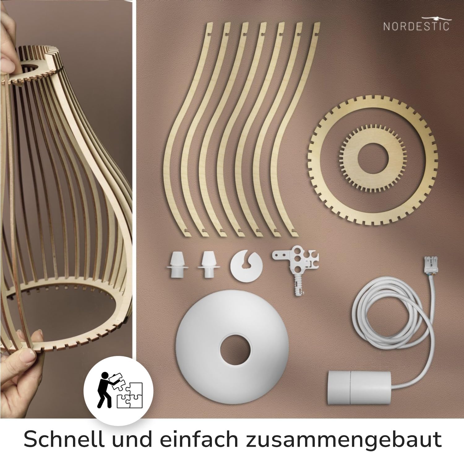 Pendelleuchte Holz „Loki, skandinavische Hängelampe Esstisch + Wohnzimmer, Boho Hängeleuchte höhenverstellbar + dimmbar mit E27 Fassung (Höhe x Durchmesser 30 cm x 22 cm)